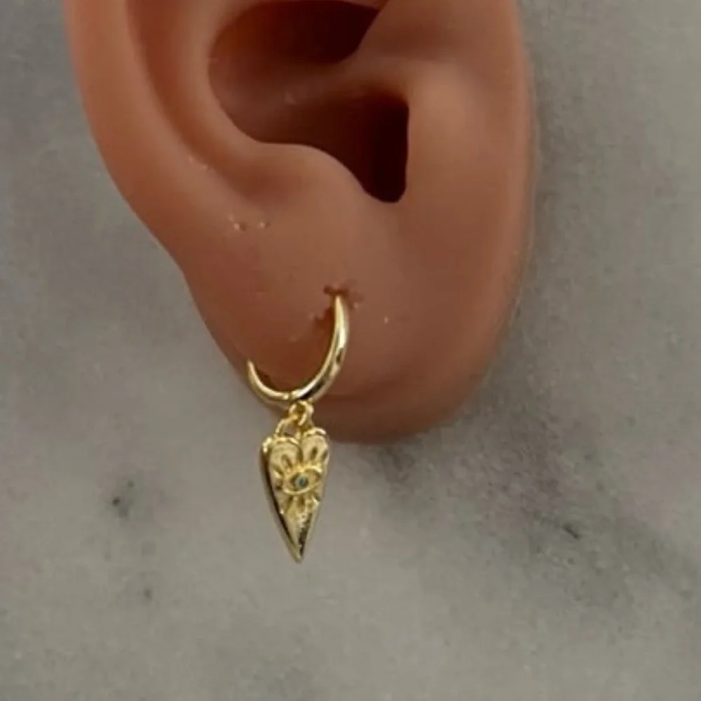 Gold Heart Pendant Turquoise Evil Eye Charm Hoop Dangle Earrings  Brand New
